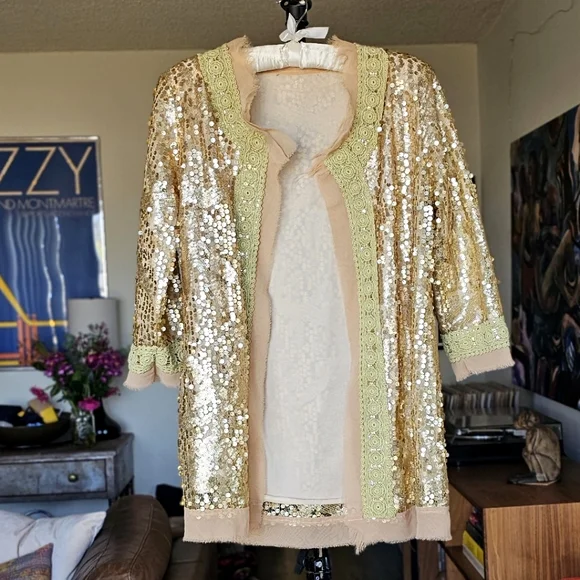 RARE Gold Sequin Jacket Women's O/S Festival Bohemian Statement - Picture 8 of 8